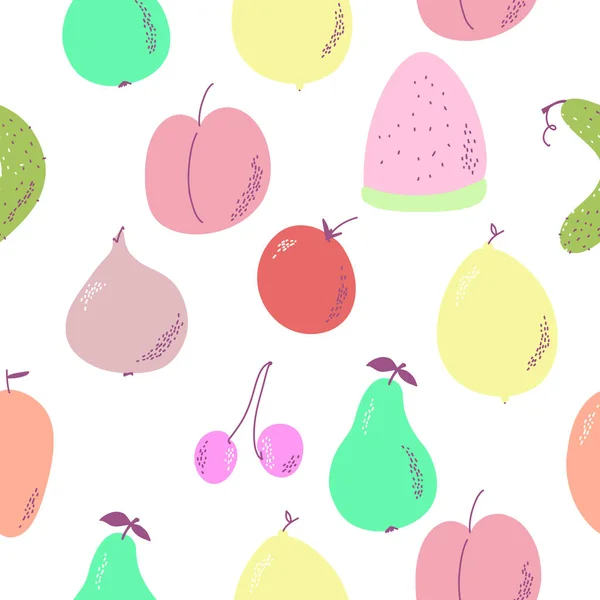 Nahtloser Hintergrund mit verschiedenen Früchten auf weißem Hintergrund. Vektor. — Stockvektor