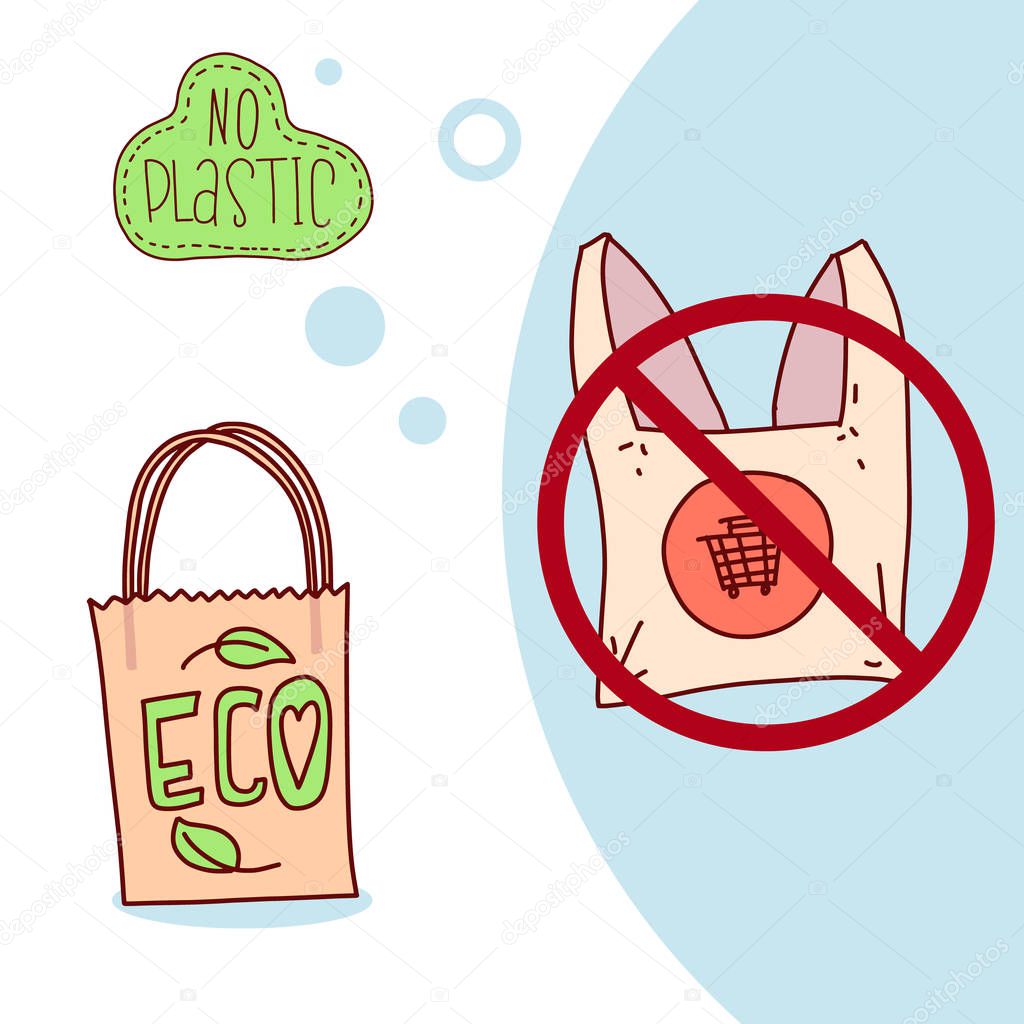 Pollution problem concept. Say no to plastic bags, bring your own textile bag. Cartoon styled images with signage calling for stop using disposable polythene package. Eco bag.