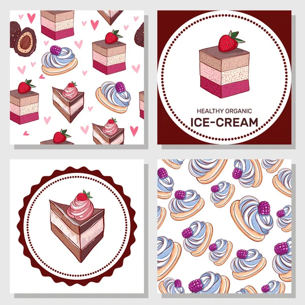 Vector set. Vintage cards with cake, strawberry, cherry and other sweets. hand drawn. — Stock Vector