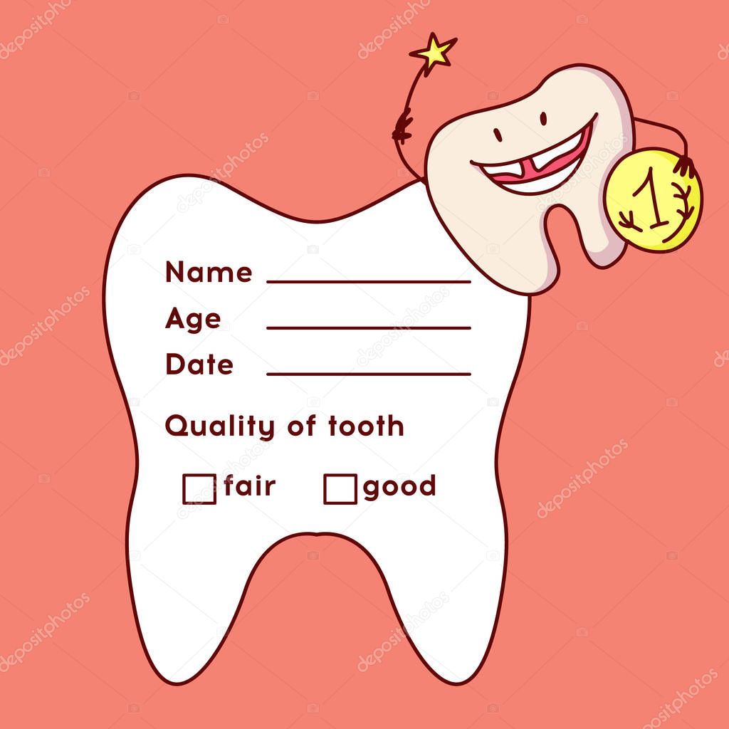 Cute tooth receipt certificate template with sparkling tooth, tooth fairy girl and coin. Reward for children who loose their baby teeth.