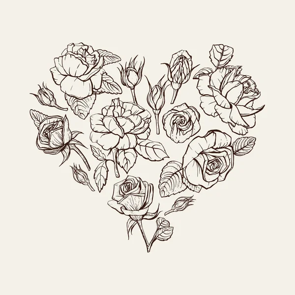 Vintage rozen in de vorm van een hart. Rozen worden met de hand getekend. Vector. — Stockvector