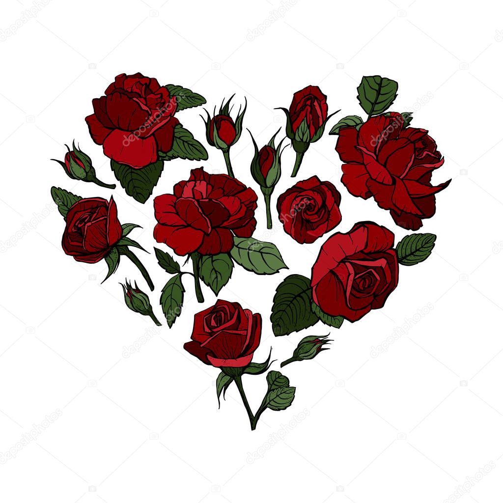 Vintage roses in shape of a heart. Roses are hand-drawn. Vector.