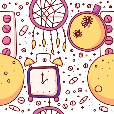 Sevimli koyun vektör illüstrasyon. Uyumaya çalışma, koyunları sayma, uykusuzluk, uyku bozuklukları. Vektör Dikişsiz desen.