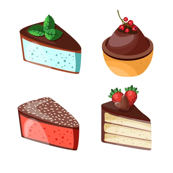 Set von bunten Desserts mit Waldfrüchten. Schokoladenkuchen mit verschiedenen Füllungen. Vektorillustration. — Stockvektor