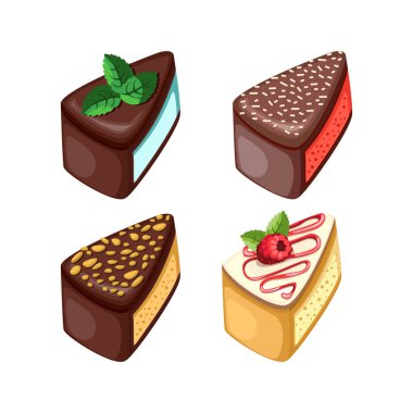 Orman meyveli renkli tatlılar seti. Farklı dolgular ile Çikolatalı kek. Vektör çizimi.