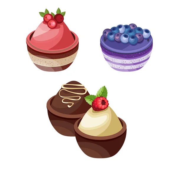 Színes desszertek, erdei gyümölcsökkel. Csokoládé sütemények különböző töltelékek. Vektoros illusztráció. — Stock Vector