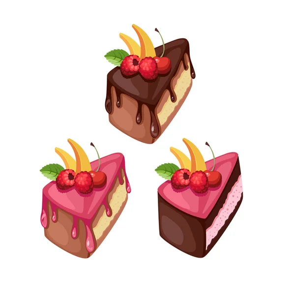 Conjunto de sobremesas coloridas com frutas da floresta. Bolos de chocolate com recheios diferentes. Ilustração vetorial . — Vetor de Stock