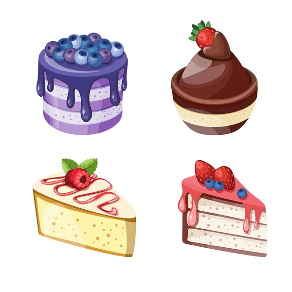 Set von bunten Desserts mit Waldfrüchten. Schokoladenkuchen mit verschiedenen Füllungen. Vektorillustration. — Stockvektor