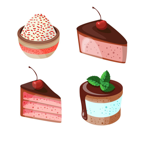 Set of colorful desserts with forest fruits. Chocolate cakes with different fillings. Vector illustration.