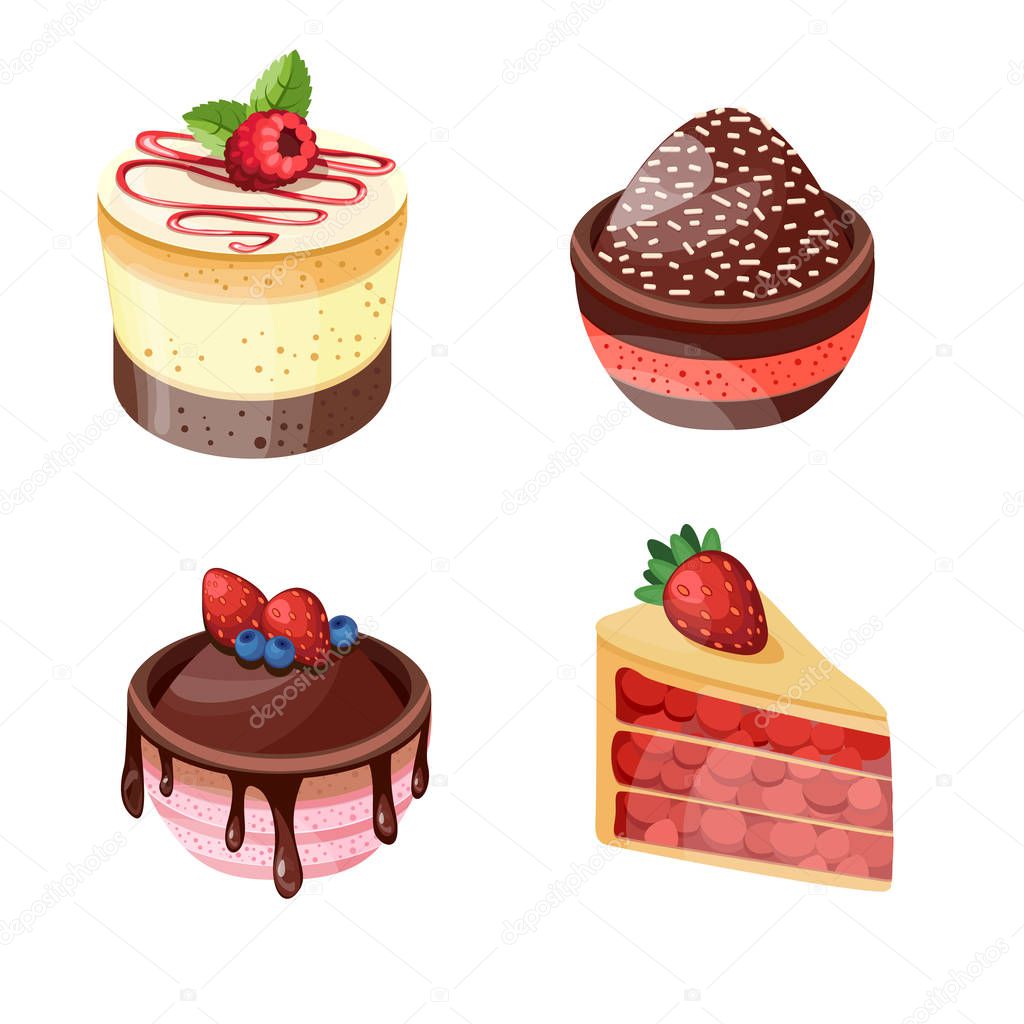 Set of colorful desserts with forest fruits. Chocolate cakes with different fillings. Vector illustration.