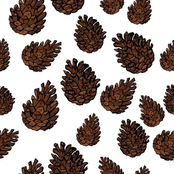 Ручные векторные иллюстрации. Бесшовный рисунок зимних сосновых шишек, изолированных на белом. Вектор . — стоковый вектор