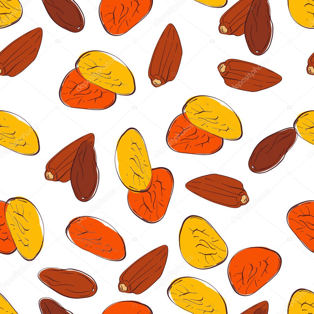 Seamless pattern of dried apricots and dates. Dried fruits seamless pattern of sweet dry fruit snacks. Vector desserts for fruit shop or market design. Vector pattern.