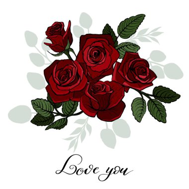 Çiçekli düğün davetiyesi yükseldi. Davetiye veya tatil kartlarının tasarımı için uygundur. Gül çiçekleri buket illüstrasyon. Vektör.