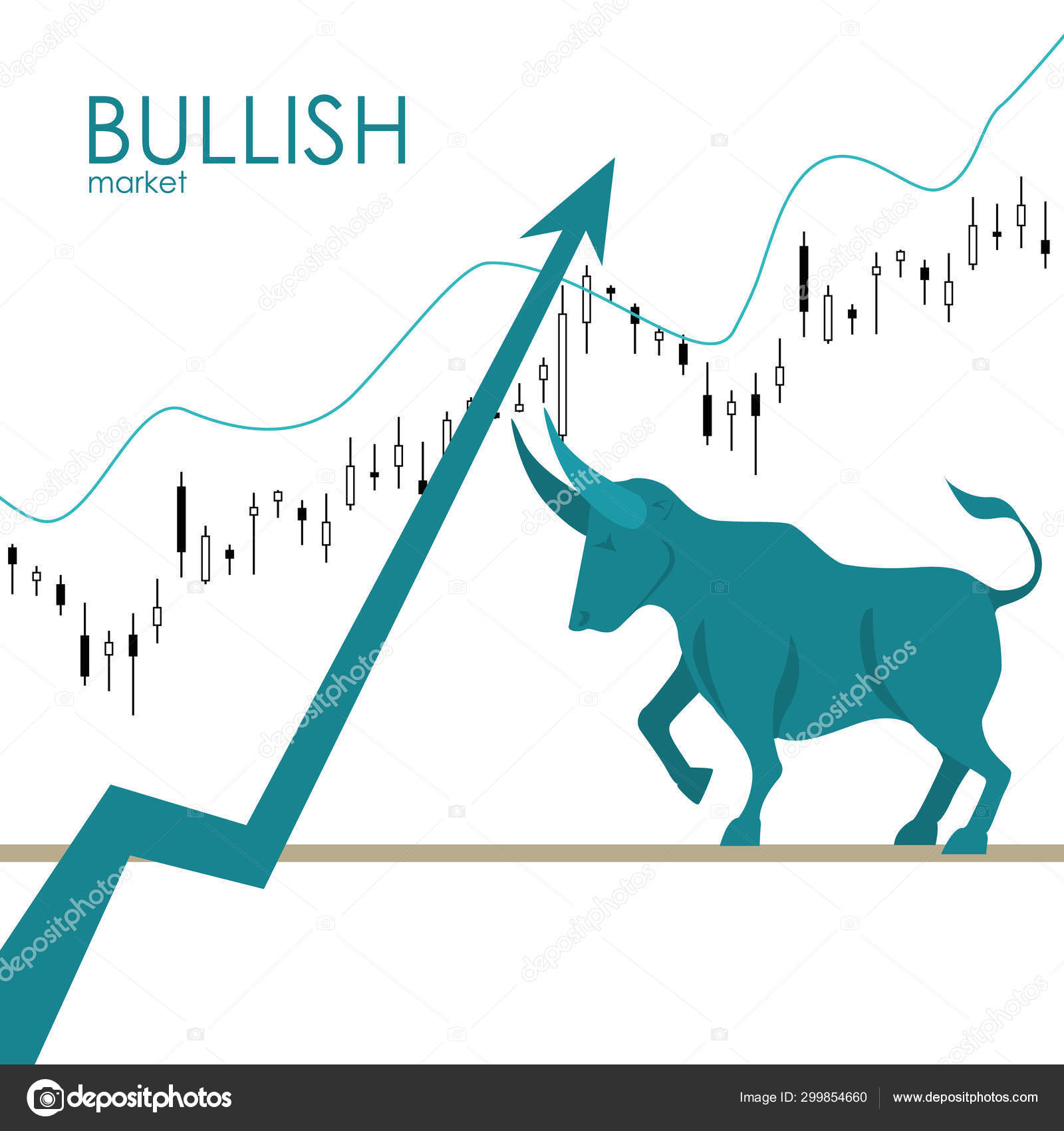 강세 시장. 황소와 녹색 화살표입니다. 차트와 표시기는 상승 추세를 표시합니다. 주식 시장 벡터. 스톡 벡터 - ©IrinaPopova  299854660