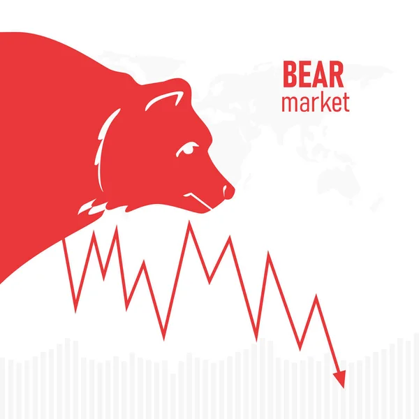 Medvědí trh. Medvěd a červený šíp. Padající trh. Graf a ukazatel vykazují sestupný trend. Trend grafu Vektorové. — Stockový vektor