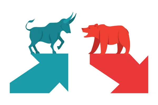 Σύμβολα ταύρων και αρκούδων με πράσινα και κόκκινα βέλη, χρηματιστηριακή αγορά και επιχειρηματική έννοια. Η χρηματιστηριακή αγορά συμβόλων του ταύρου και της αρκούδας. Διάνυσμα. — Διανυσματικό Αρχείο