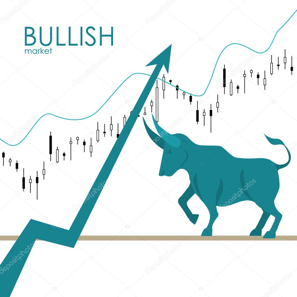 Bullish market. Bull and green arrow. The chart and the indicator show an uptrend. Stock market vector.