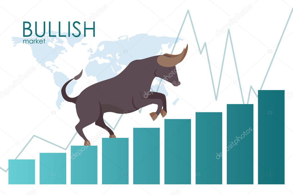 The bull goes up the stairs. Stock market and business concept. Vector.