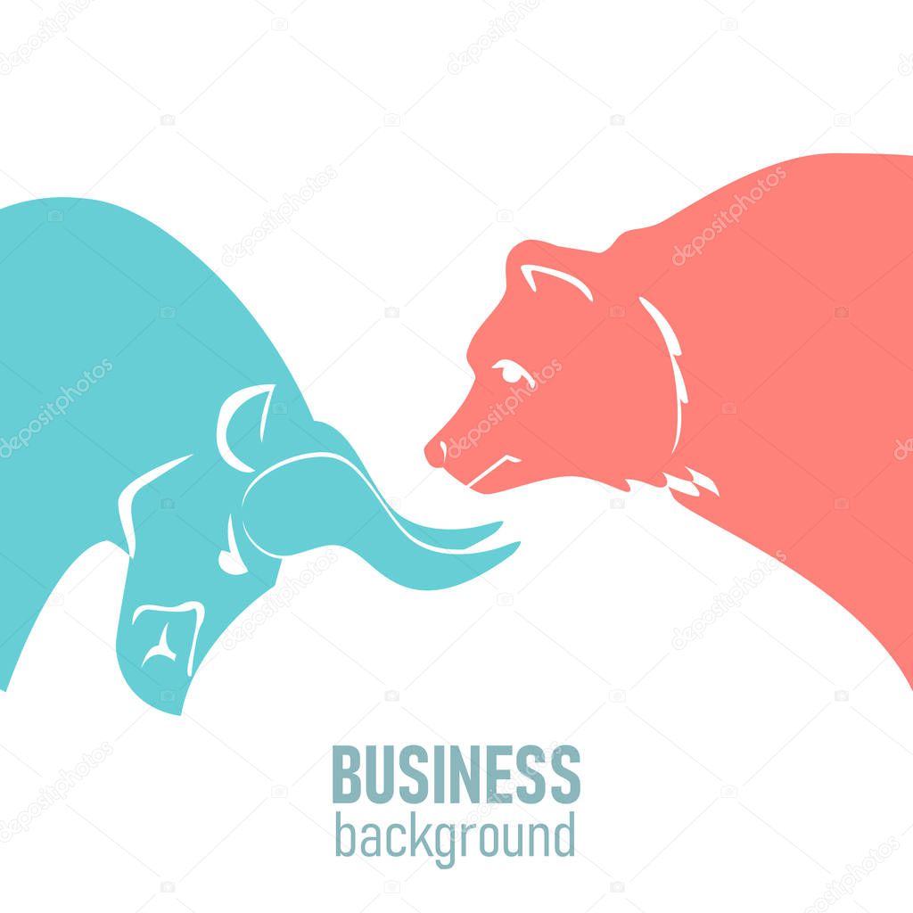 Bullish And Bearish Markets. Silhouette of a bull and a bear in front of trending. Financial market trends. Vector.