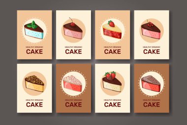 Tatlı farklı şablonlar: kek, pasta. Tasarımınız, duyurularınız, kartpostallarınız, posterleriniz, restoran menünüz için. Meyve ile farklı tatlılar ile şablon. Vektör.