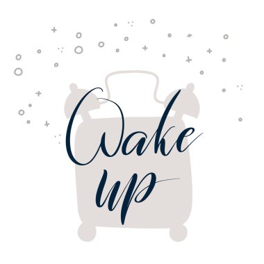 Uyandır!! Beyaz arka plan üzerinde çalar saat ile karikatür vektör illüstrasyon harfleri. Harflerle uyan. Vektör çizimi.