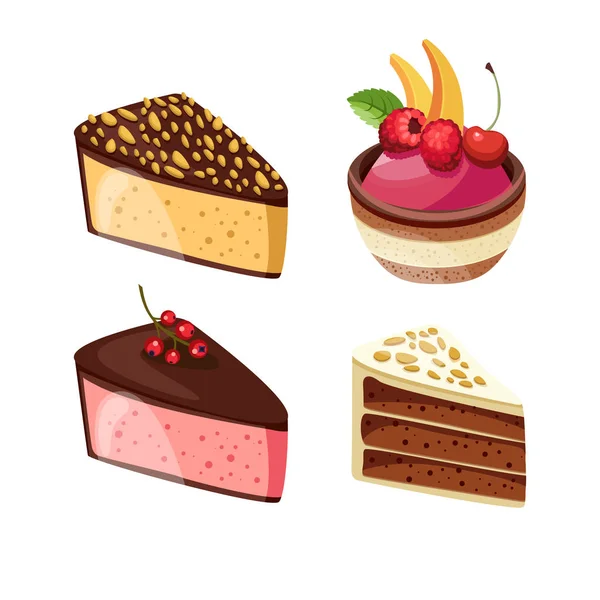 Ensemble de desserts colorés aux fruits de la forêt. Gâteaux au chocolat avec différentes garnitures. Illustration vectorielle . — Image vectorielle