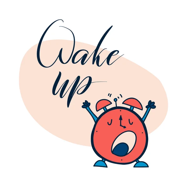 Ébresztő!! Feliratozás karikatúra vektor illusztráció-val ébresztőóra-ra fehér háttér. Ébredj betűk. Vektoros illusztráció. — Stock Vector