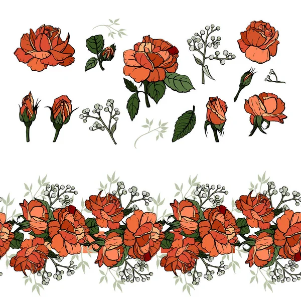 Realistische vectorelementen set van Oranje Rozen (bloemblaadjes, bladeren, Bud en een open bloem) met de mogelijkheid om het uiterlijk van de bloem te veranderen, zoals in de constructor. Vector. — Stockvector