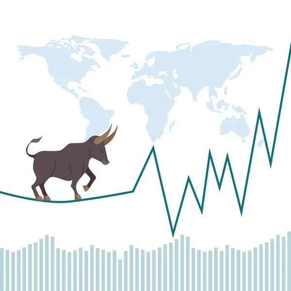 Trh s bulvy. Společnost Bull se na základě růstového grafu na akciovém trhu investuje do tabulky zisků. Vektorové. — Stockový vektor