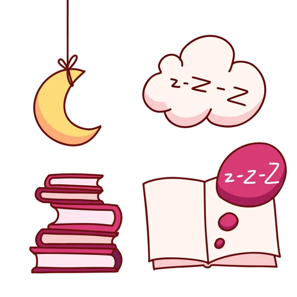 Prvky snu. Měsíc, kniha, ZZZ. Insomnie a nápisy. Koncepce pokusu usnout, nespavost, poruchy spánku, spánek dítěte. Vektorová ilustrace. — Stockový vektor