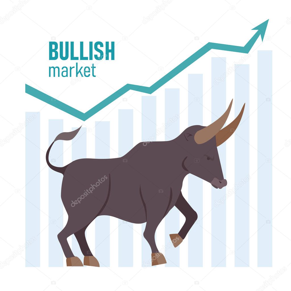 Bullish market. Bull and green arrow. The chart and the indicator show an uptrend. Stock market vector illustration.