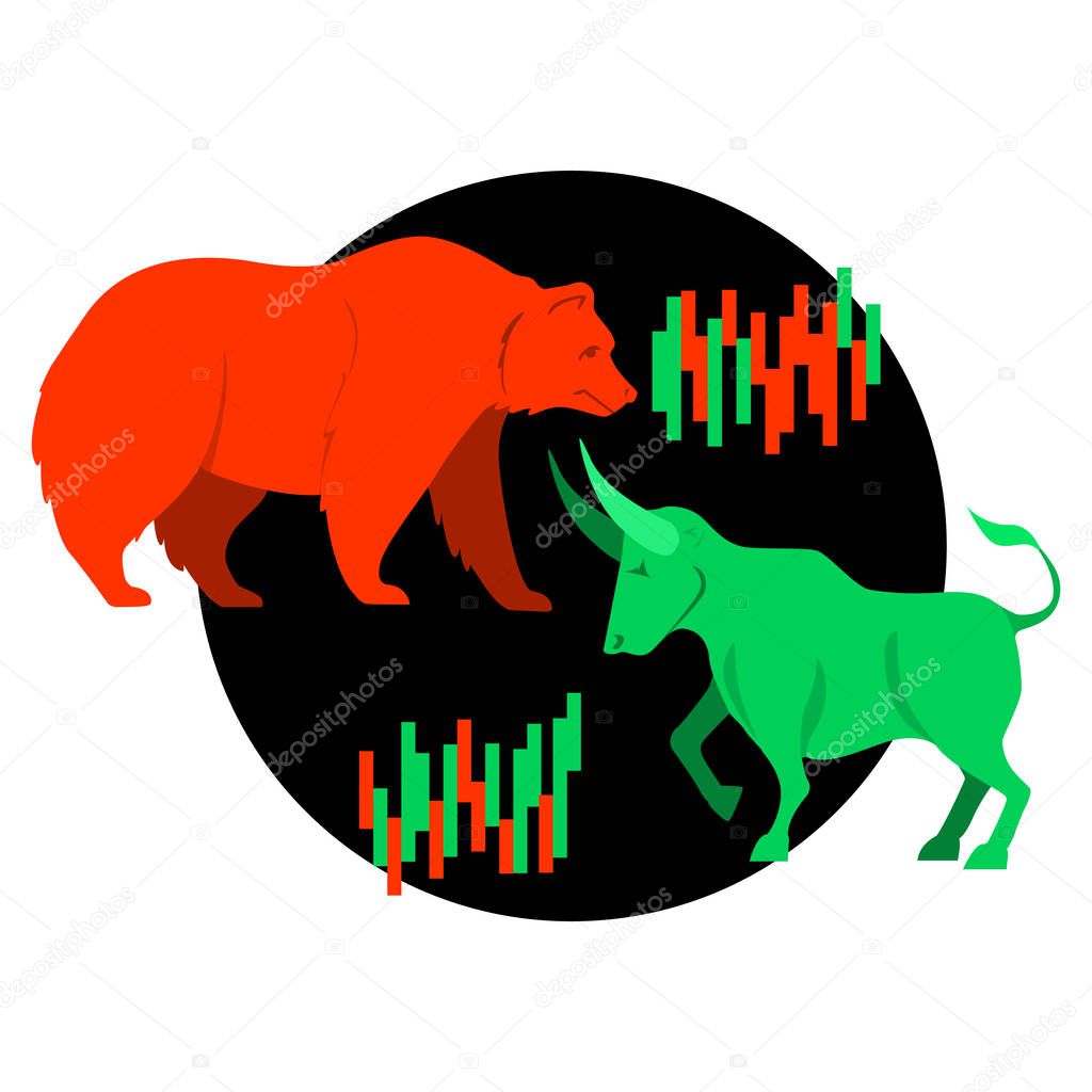 Bullish and bearish symbols. Stock market trends. Players on Exchange. Bulls and bears traders on a stock market.