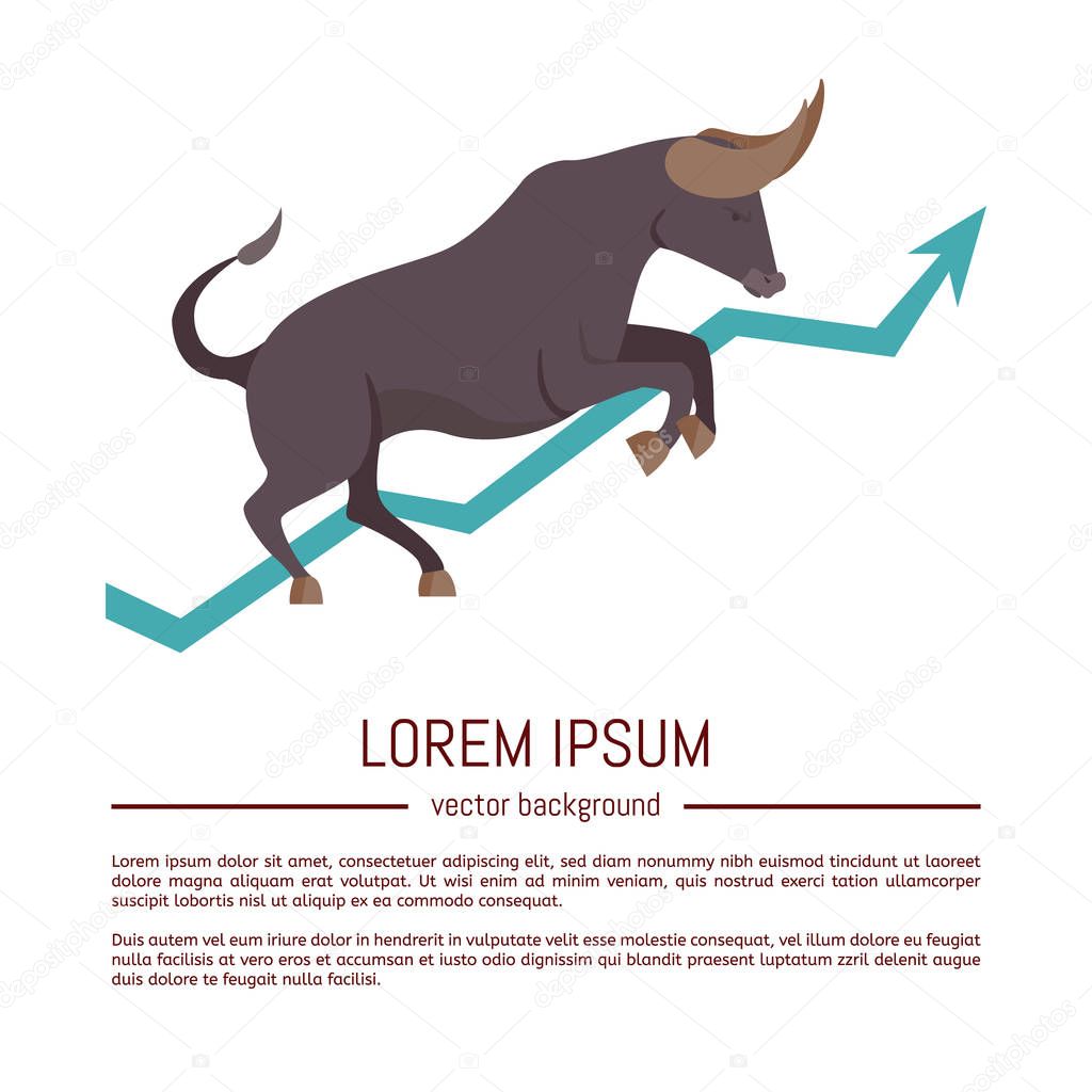 Bullish market. Bull and green arrow. The chart and the indicator show an uptrend. Stock market vector illustration.