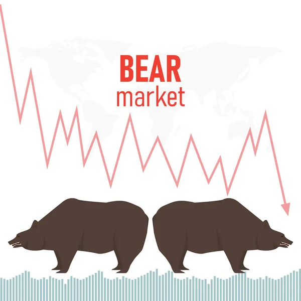 Medvědí trh. Medvěd a červený šíp. Graf a ukazatel vykazují sestupný trend. Ukázka vektorového trhu. — Stockový vektor