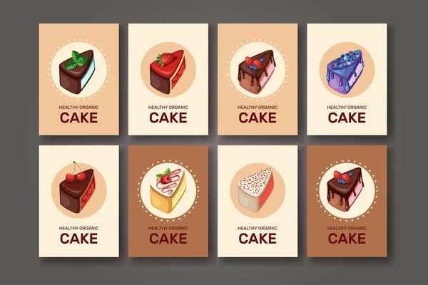 Modèles avec différents types de desserts : gâteau, tarte. Pour votre design, annonces, cartes postales, affiches, menu restaurant. Modèle avec différents desserts avec des fruits. Vecteur . — Image vectorielle