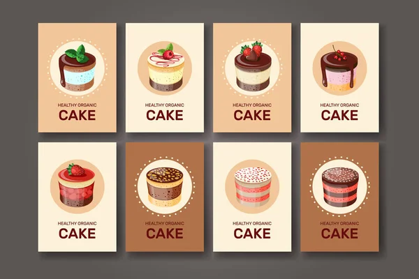 Šablony s různými druhy moučníku: dort, koláč. Pro váš design, oznámení, pohlednice, plakáty, restaurační menu. Šablona s různými dezerty s ovocem. Vektorové. — Stockový vektor