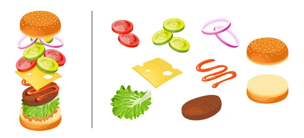 Cocinar hamburguesas. Juego de ingredientes para una hamburguesa. Verduras en rodajas, bollo, chuleta, salsa. Ilustración vectorial . — Vector de stock