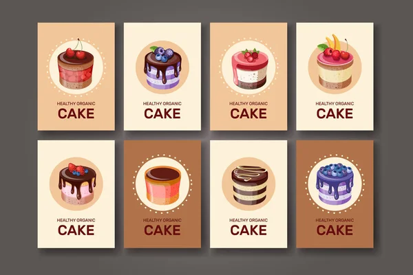 Modèles avec différents types de desserts : gâteau, tarte. Pour votre design, annonces, cartes postales, affiches, menu restaurant. Modèle avec différents desserts avec des fruits. Vecteur . — Image vectorielle