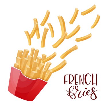 Patates kızartması. Derin yağda patates kızartması. Fast food. Paketlenmiş pakette kızarmış patates pişirilir. Vektör.