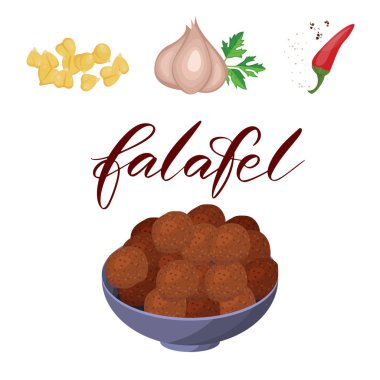 Tarifi Falafel. Nohut Soğan Sarımsak Maydanoz Biber Kimyon, Kişniş. Sebzeler, Otlar, Speaces. Vektör.