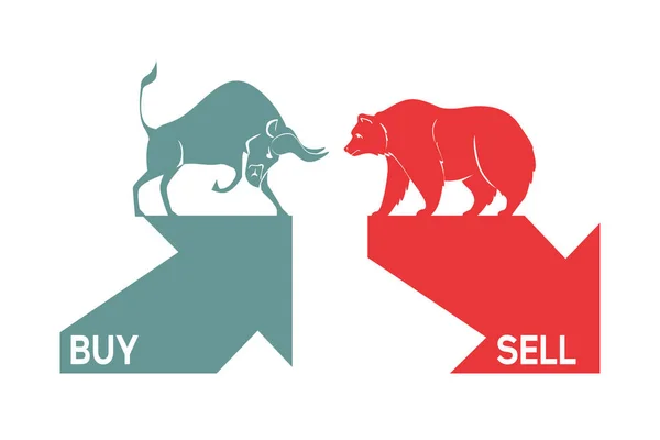Značky Bull a medvědí symboly se zelenými a červenými šipkami, akciovými trhy a obchodními koncepty. Symbol akciového trhu býka a medvěda. Vektorové. — Stockový vektor