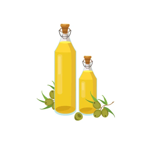 Olive oil in a glass bottle. Vegetables, virgin organic healthy oil product. Bottle of olive oil and branch. Vector. — Stock Vector