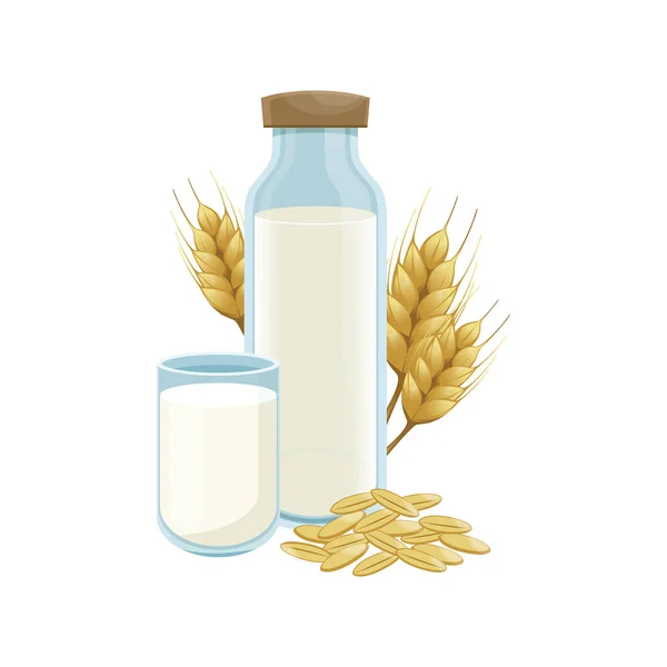 Blé de lait dans une bouteille en verre. Sain. Épilées de blé vectoriel avec des grains. Lait végétalien de blé dans une bouteille. vecteur. — Image vectorielle