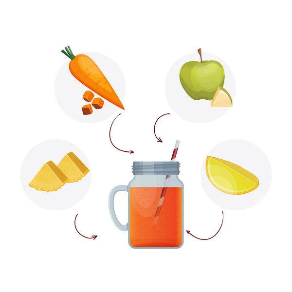 Концепция детоксикации напитков, красно-овощной смузи. Морковь, яблоко, лайм и ананас смесь изолированы на белом фоне . — стоковый вектор