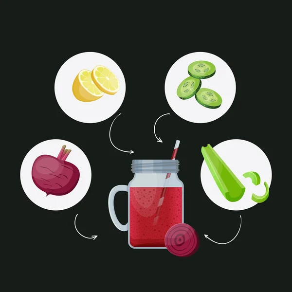 デトックスクレンジングドリンクコンセプト、赤野菜スムージー。減量ダイエットや断食日のためのボトル内の自然な、有機健康ジュース。ビート、キュウリライム、セロリ. — ストックベクタ