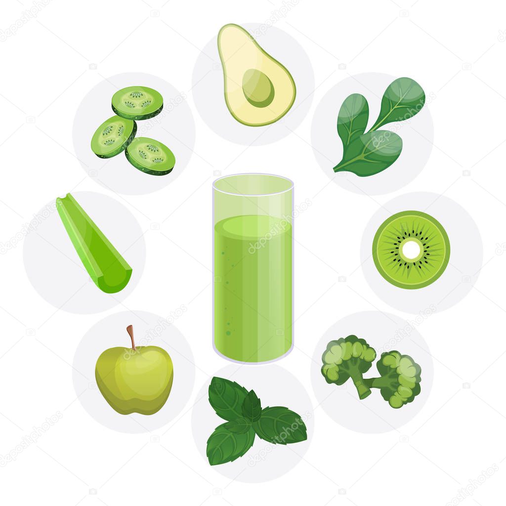 Detox cleanse drink concept, red vegetable smoothie. Natural, organic healthy juice in bottle for weight loss diet. Avocado, spinach, kiwi, broccoli, Basil, Apple, celery, cucumber.