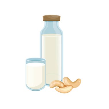 Cam şişede kaju sütü. Sağlıklı yaşam tarzı. Şişede kaju vegan süt. Vektör.  