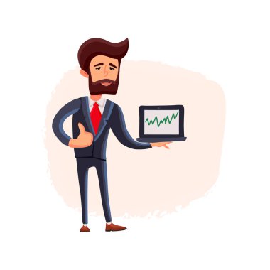 İşadamı elinde dizüstü bilgisayar tutuyor ve başparmağını yukarı yaslıyor. Düz bir tarzda işadamıtam uzunlukta portre. Vektör.