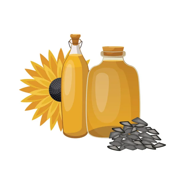 Соняшникова олія в скляній пляшці. Овочі, незаймана органічна олія здорового харчування. Пляшка соняшникової олії та насіння Соняшник. Векторні . — стоковий вектор