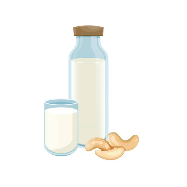 Cashewmelk in een glazen fles. Gezonde levensstijl. Cashew Vegan melk in een fles. Vector. — Stockvector